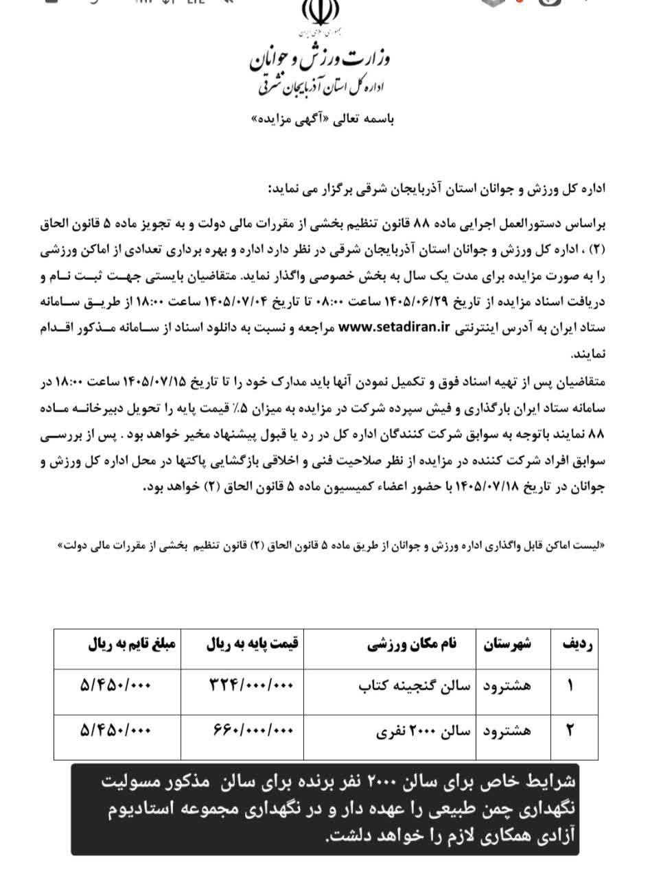 مزایده سالن های ورزشی گنجینه کتاب و ۲۰۰۰ شهرستان هشترود. 
